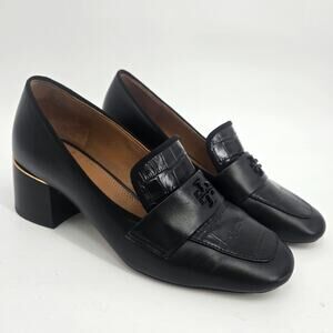 Tory Burch 6 Black Block Heels Low Croc Embossed Leather Square Toe